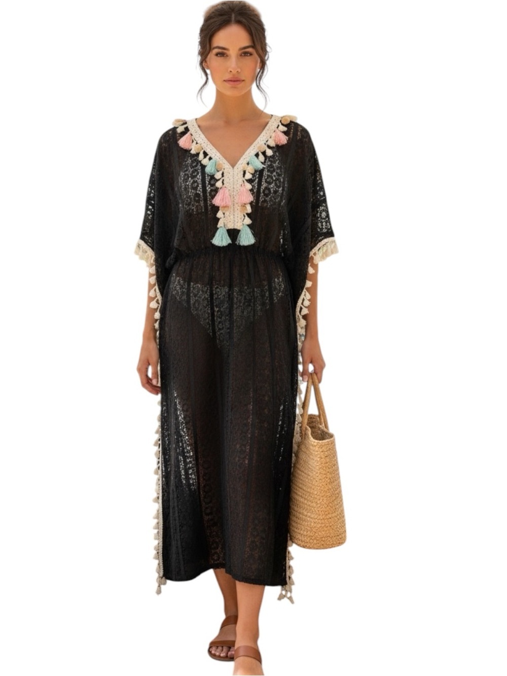 La Moda Black Tassel Crochet Swim Cover Up Dress S/M NWT Boho Beach